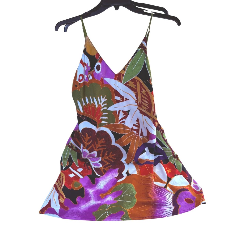 Natori Womens Tropical Floral Slip Dress Multicolor V-Neck Chemise Mini Large
